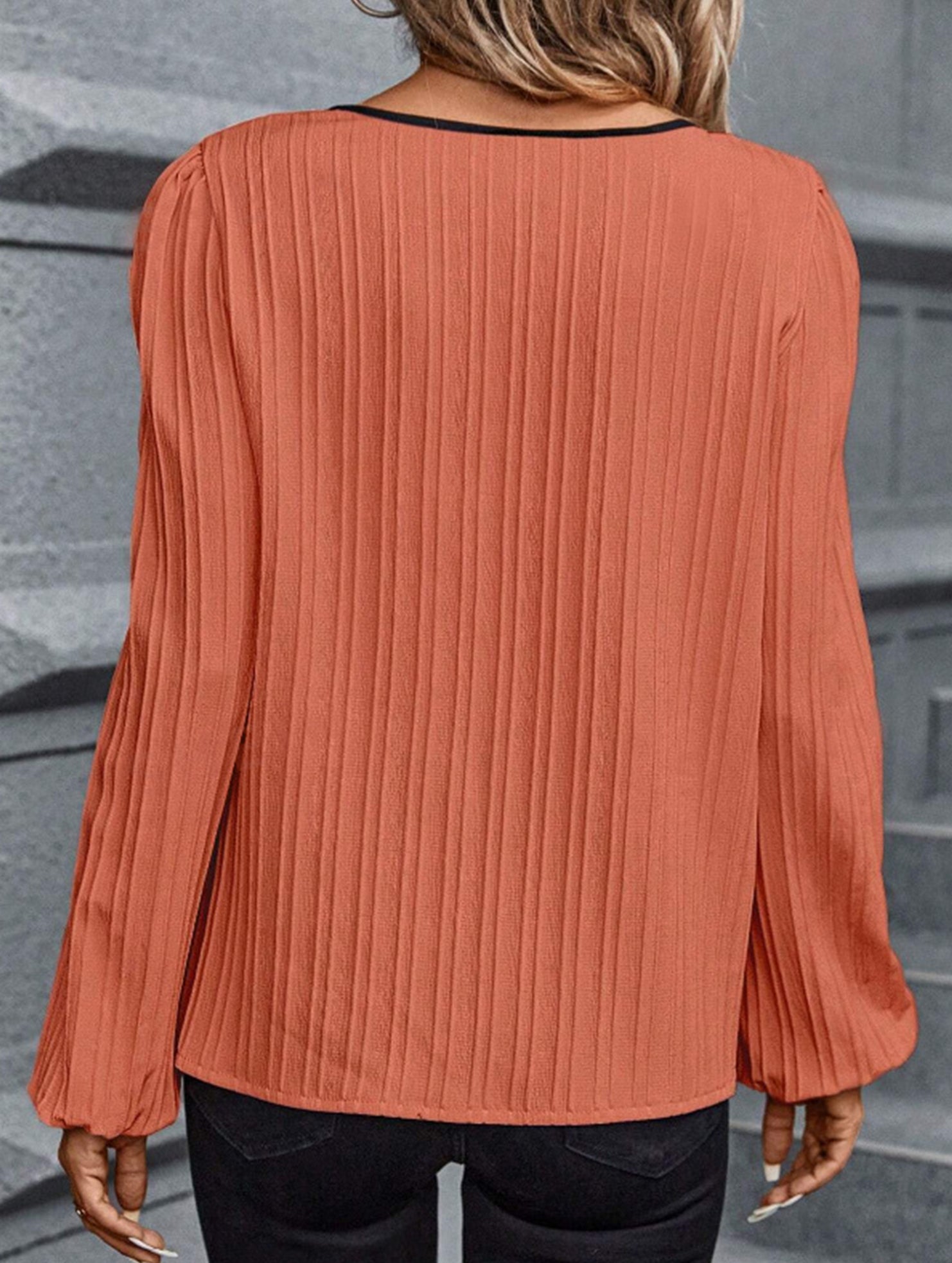 Colorblock V Neck Puff Sleeve Blouse_CWTTL01232