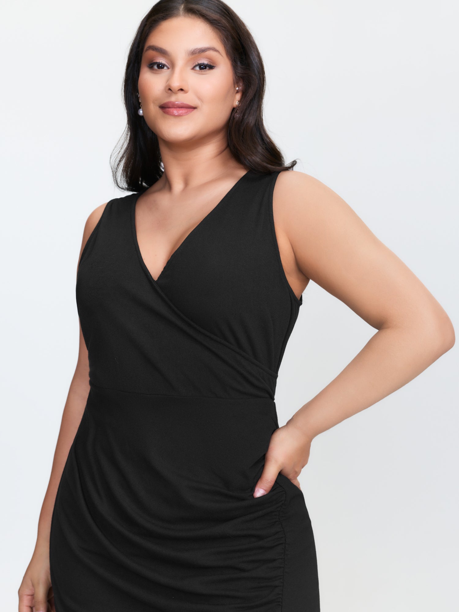 Ruched Side Slit V-Neck Midi Dress