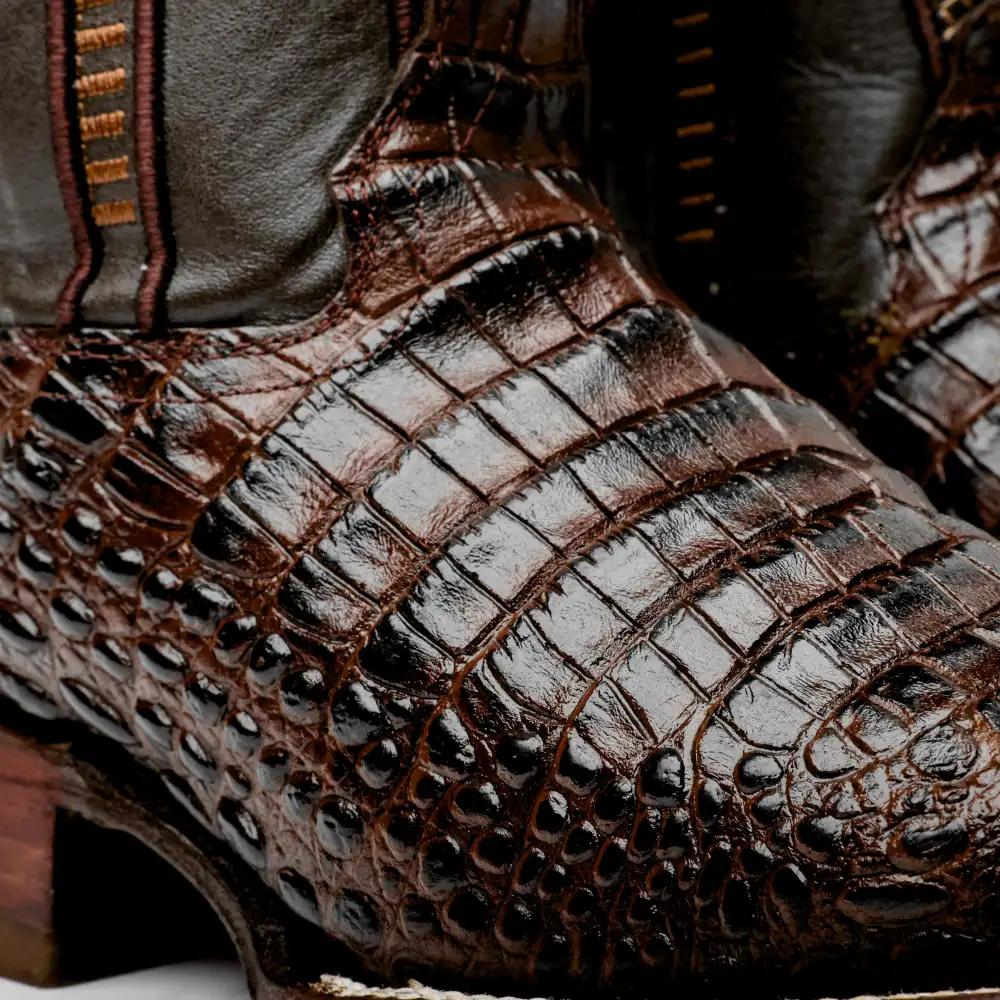 Brown Caiman Belly Leather Boots - Square Toe