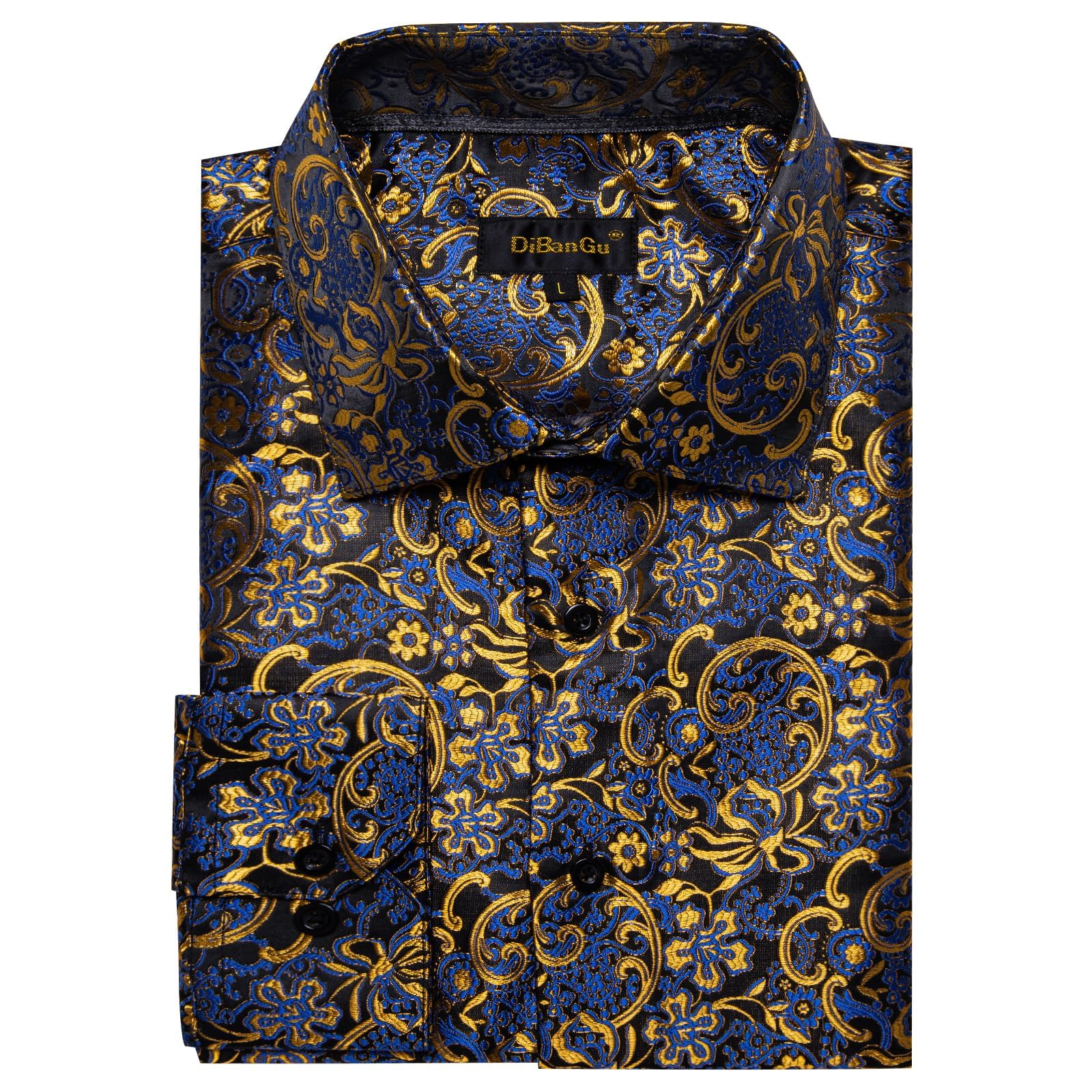 Men's Paisley Dress Shirt Long Sleeve Wrinkle Free Button Down Cowboy Shirts - Blue&gold&paisley