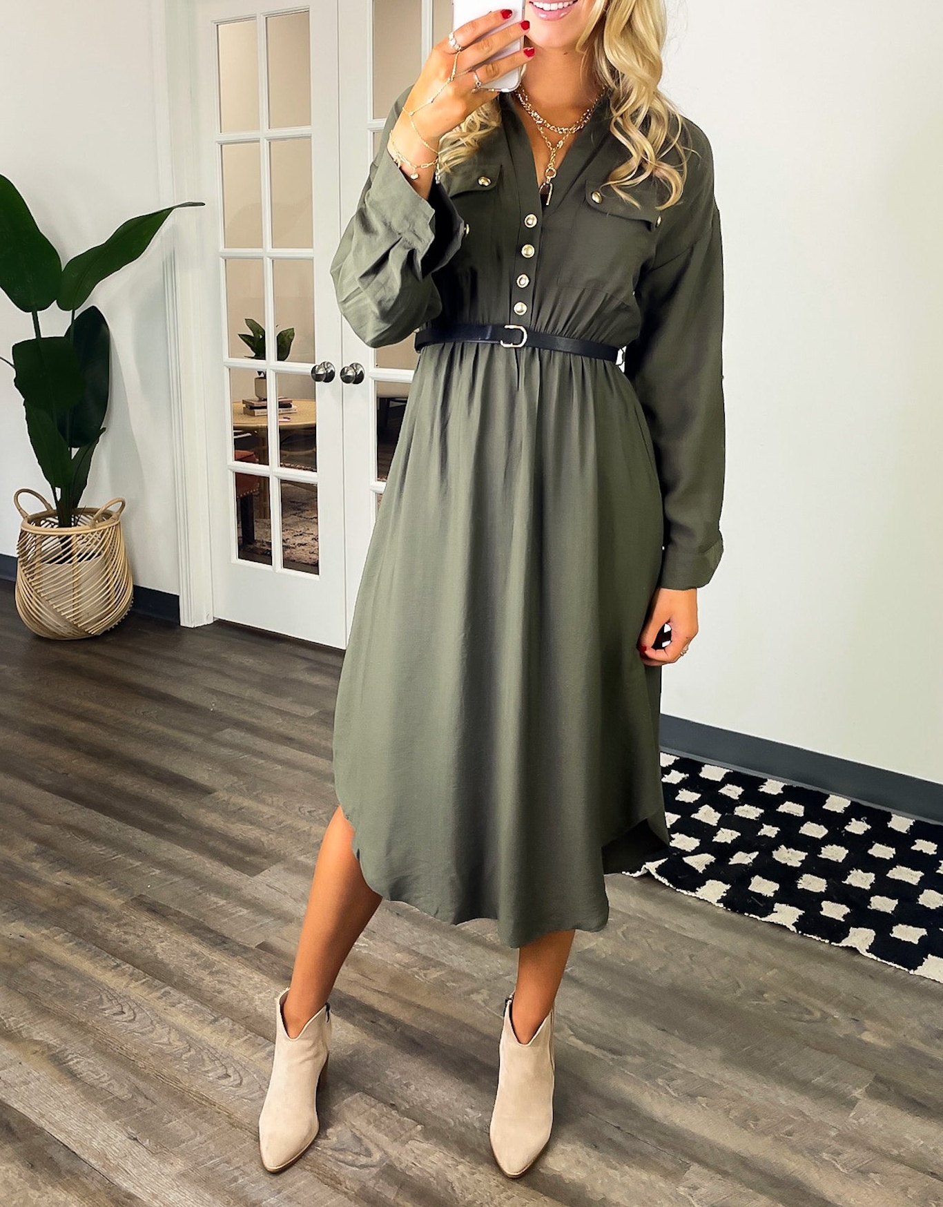 Adeline Button Down Belted Midi Dress
