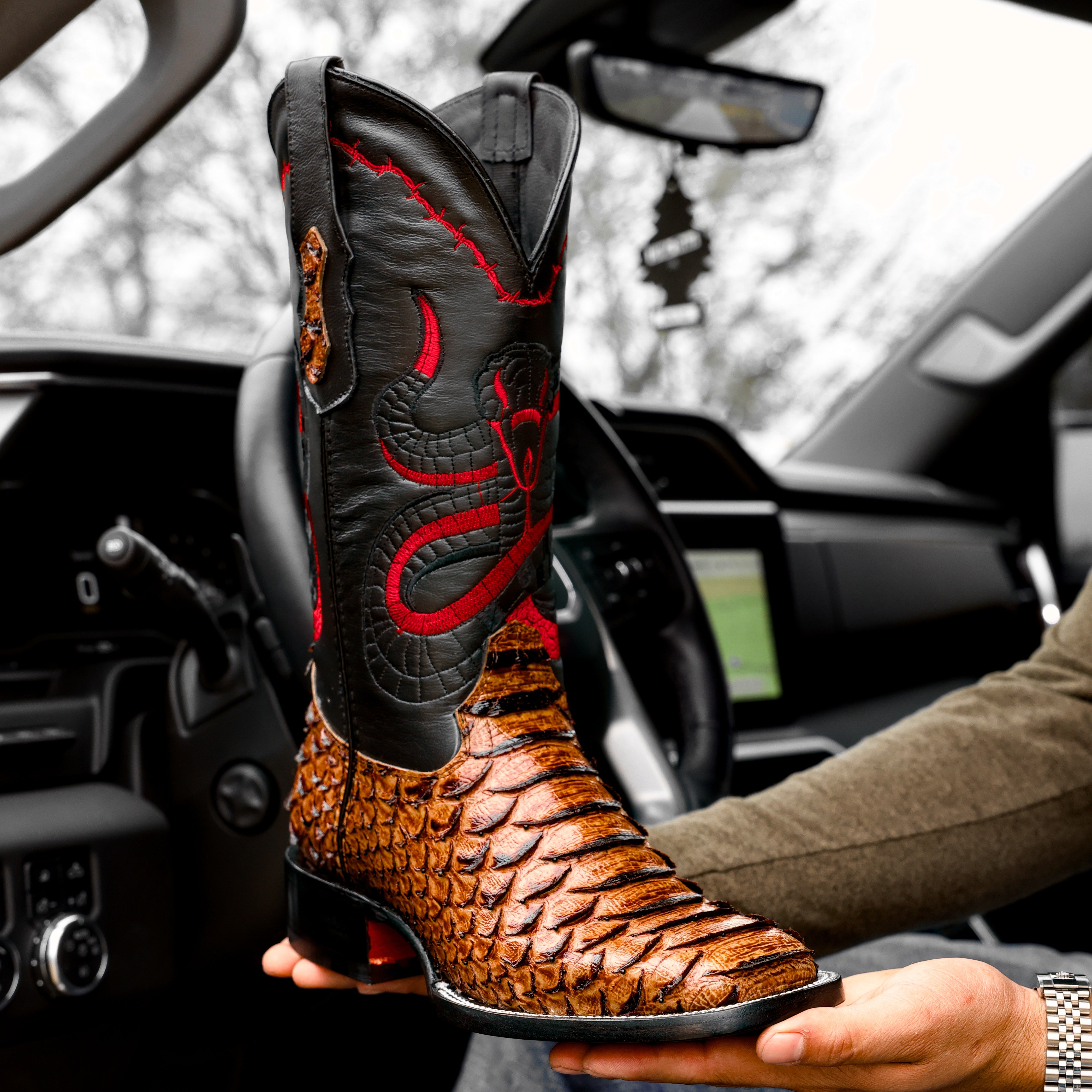 Honey Cognac Python Leather Boots - Square Toe