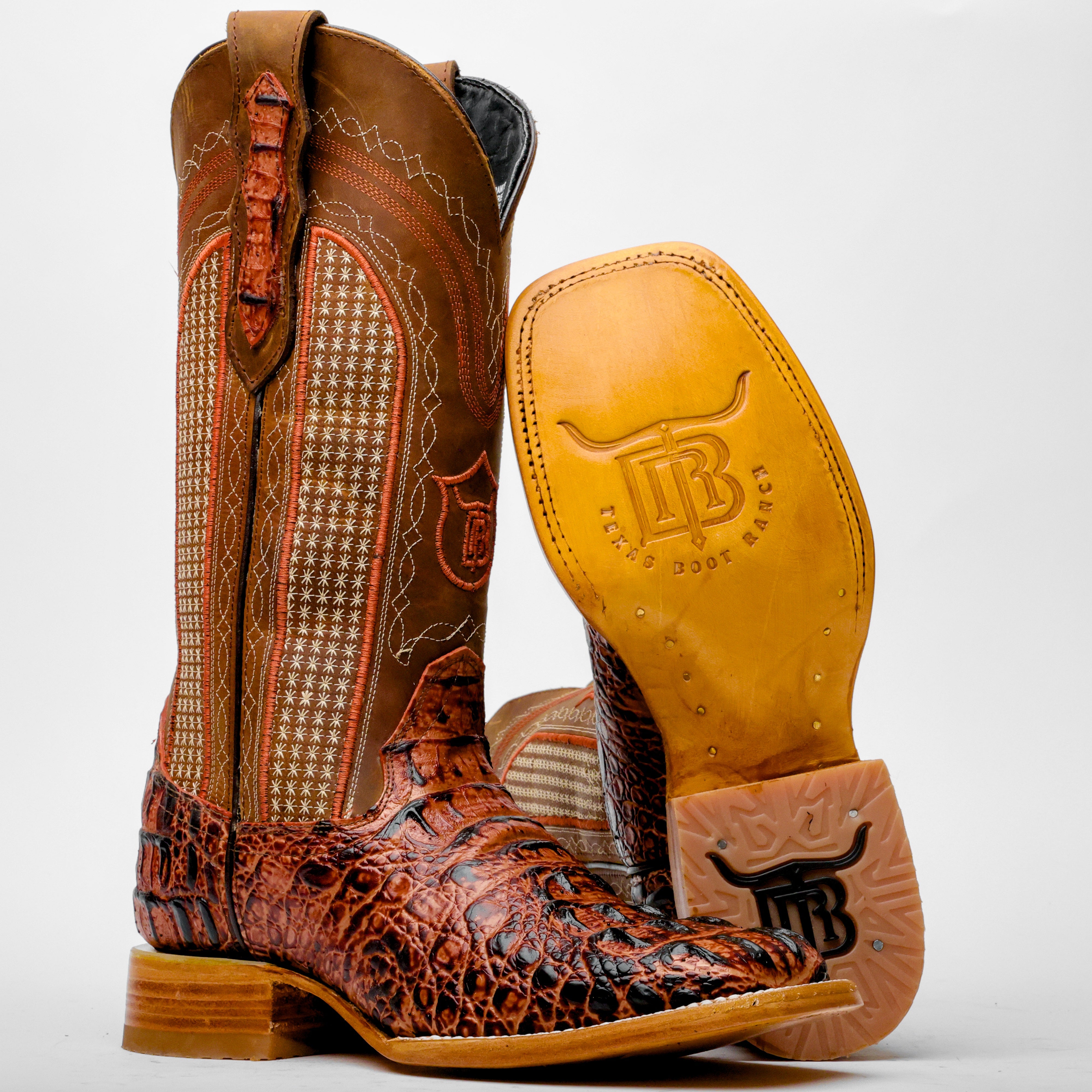 Cognac Caiman Neck Leather Boots - Square Toe