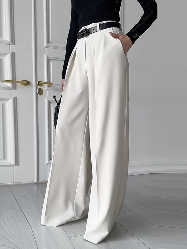 High Waisted Loose Pleated Solid Color Split-Joint Suit Pants Trousers