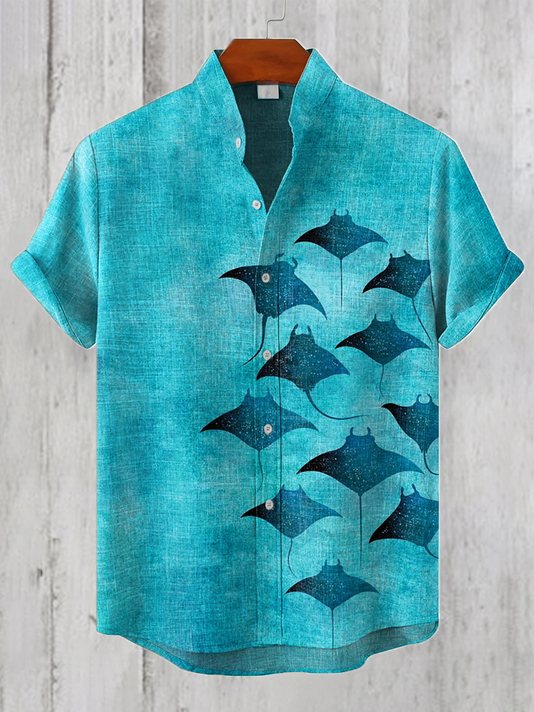 Men's Manta Rays Art Print Linen Blend Casual Shirt