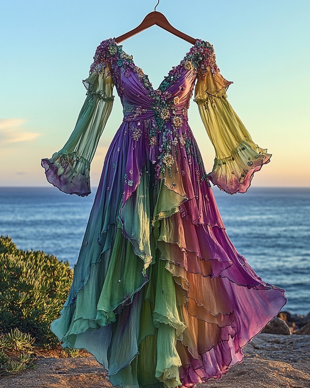 Summer Vacation Floral Embroidery Sequins Beaded Ruffle Dress f625