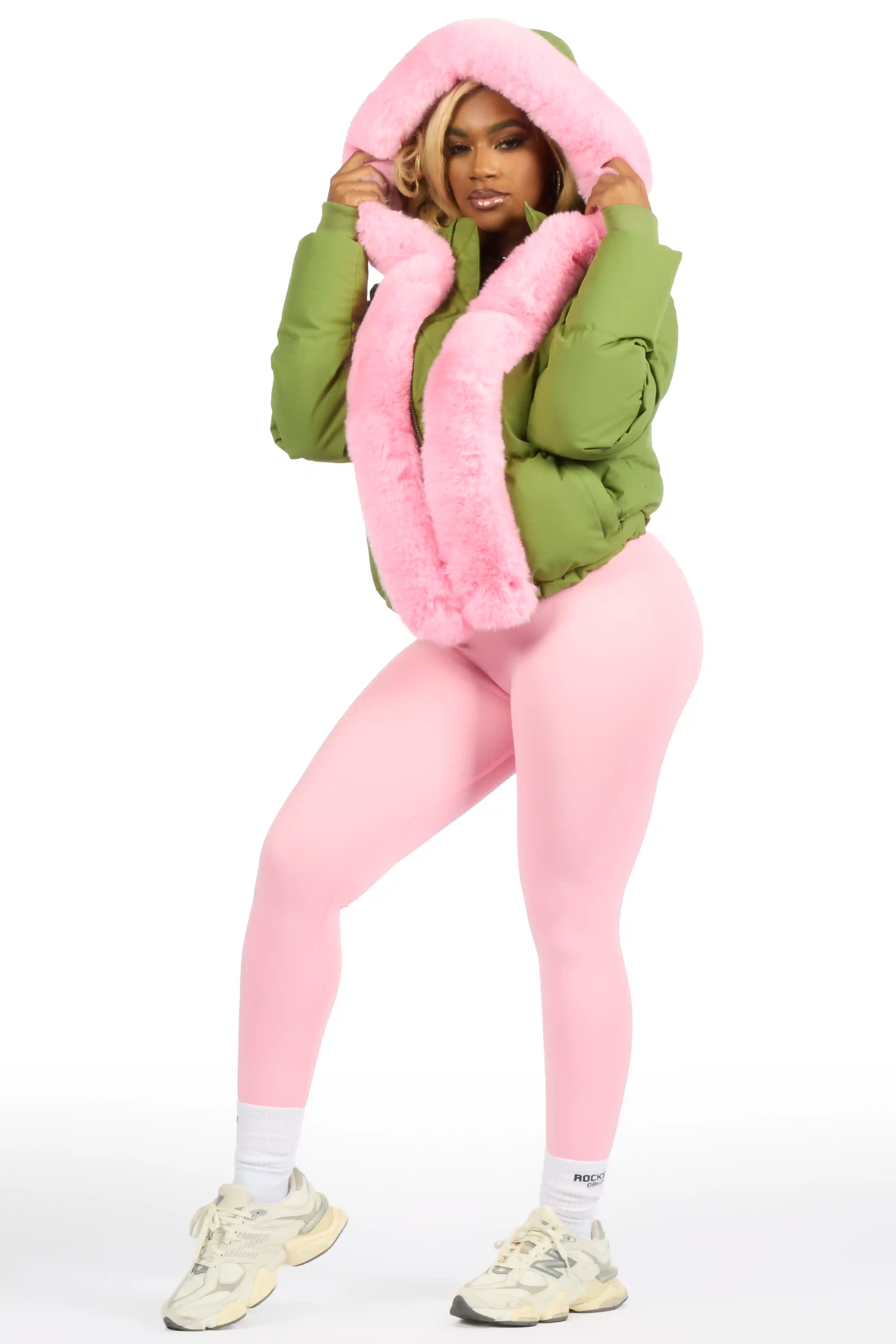 Dontaisha Olive Puffer Jacket With Fur Trim