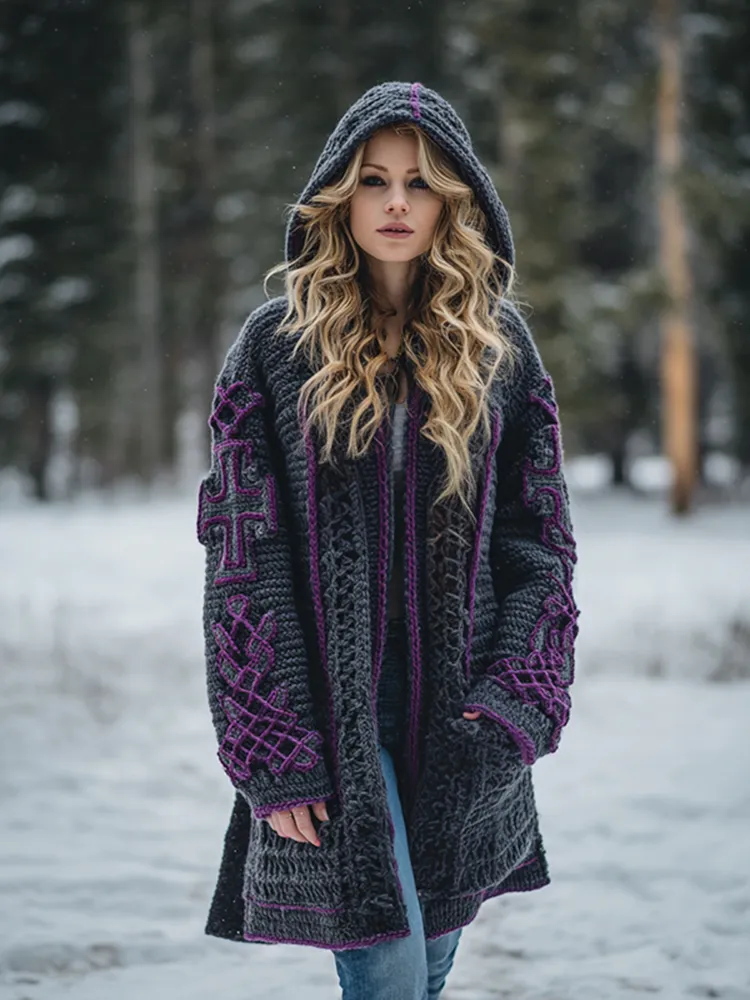 Women's Viking Celtic Knot Art Warm Knit Hooded Jacket