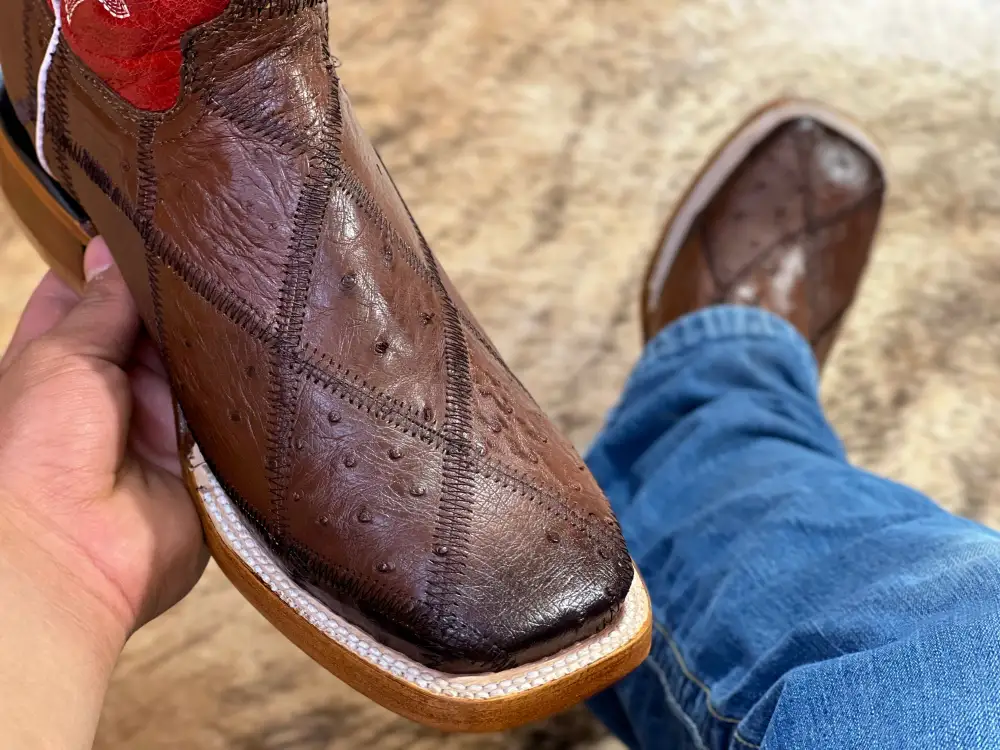 Men’s Genuine Patchwork Brown Ostrich with Red Shaft