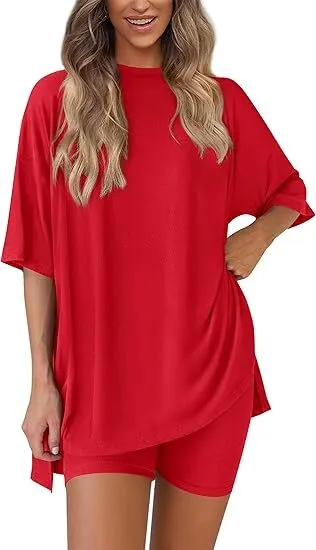 Women's Two Piece Lounge Set 2026 Summer Casual Oversized Shirts