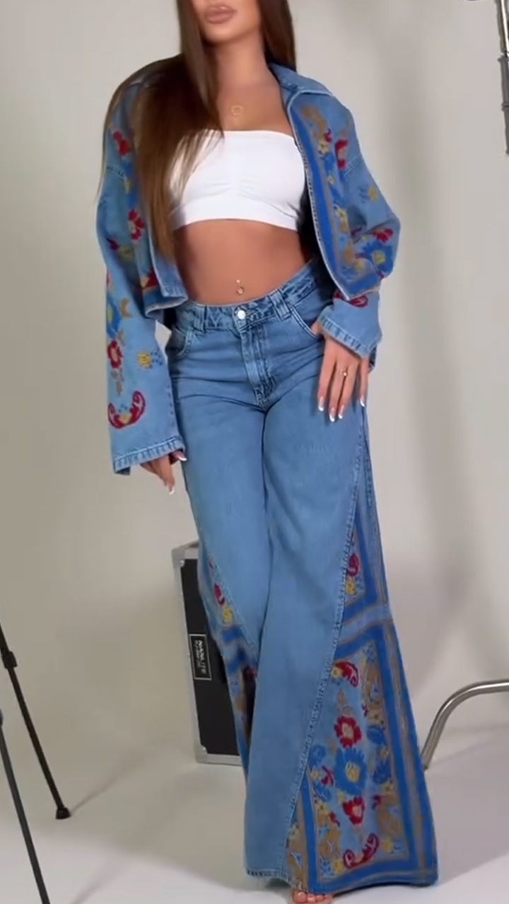 Women Collar Printed Jacket+ Pants Casual Denim Suit