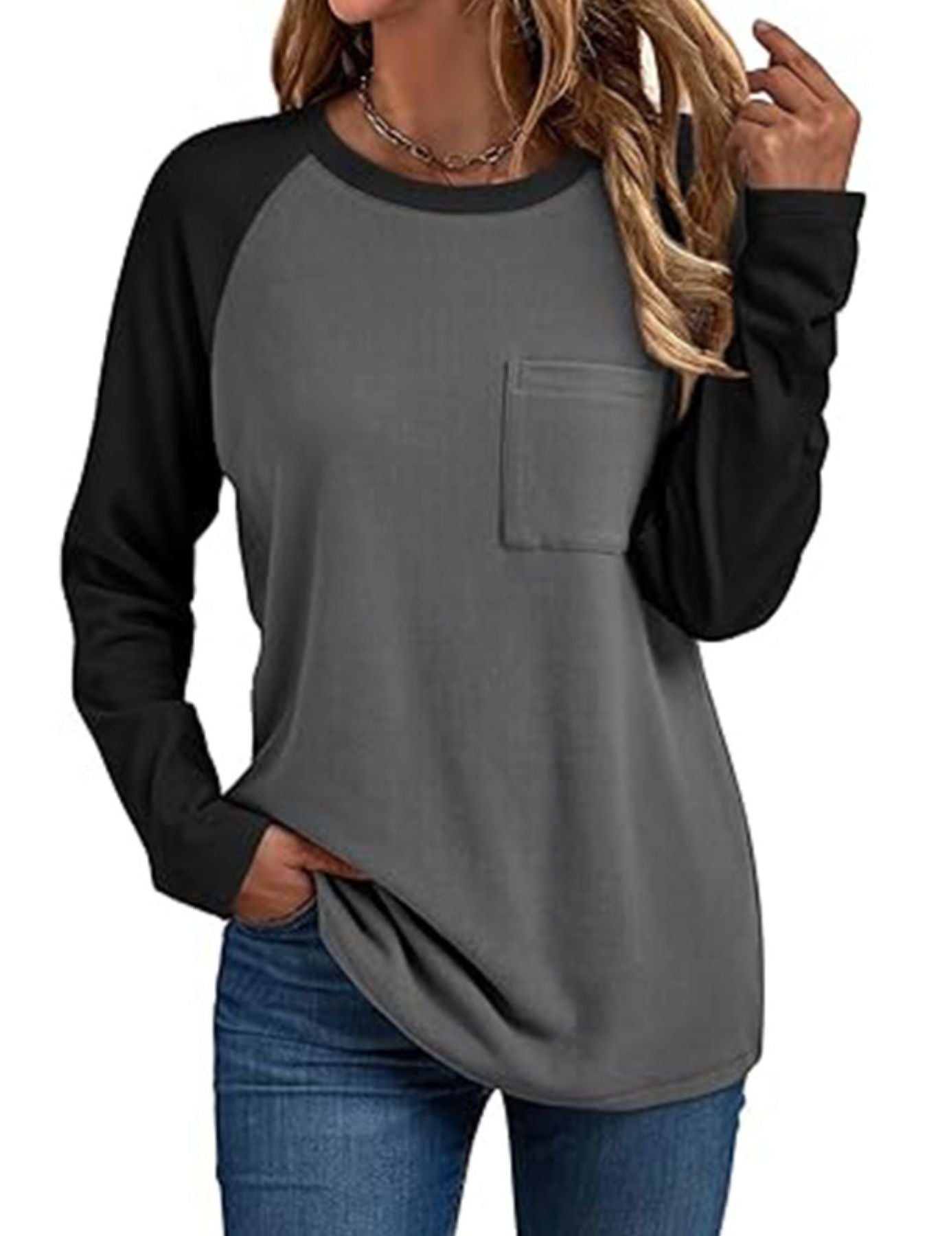 Round Neck Raglan Sleeve T-Shirt With Pocket