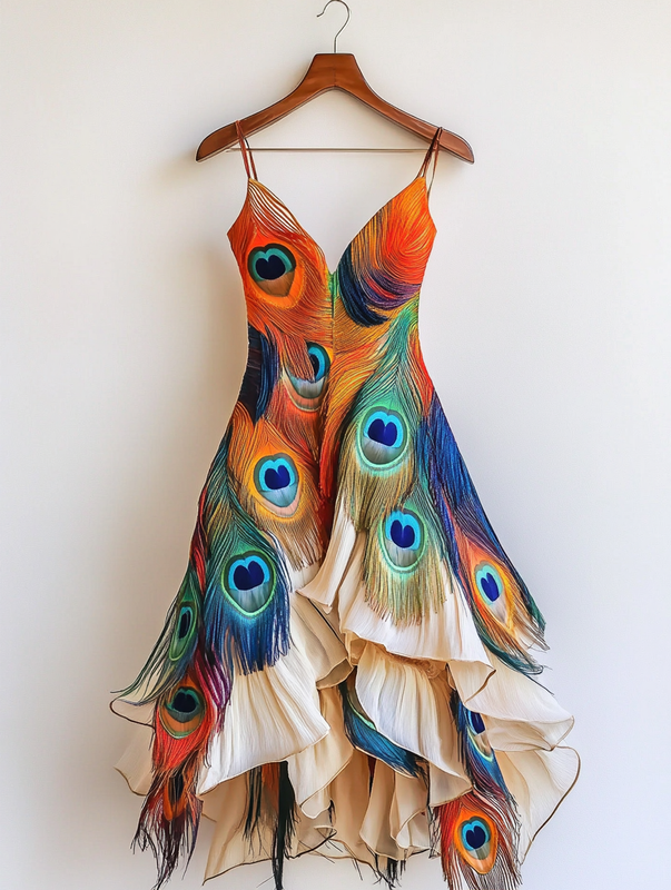 Summer Rainbow Peacock Feather Embroidered Dress c01f