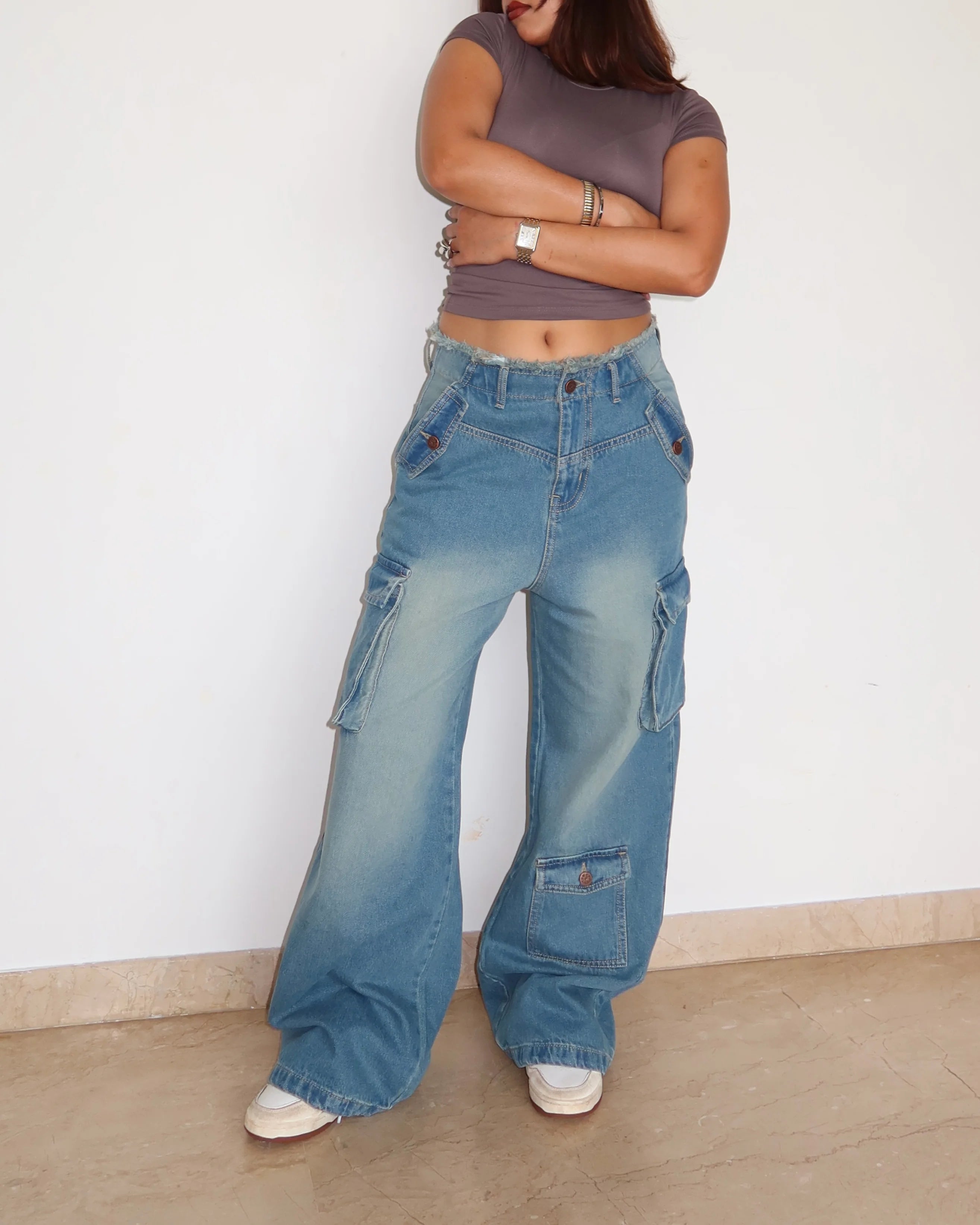 Lunar Grey Raw Waist Baggy Wide Leg Cargo Jeans