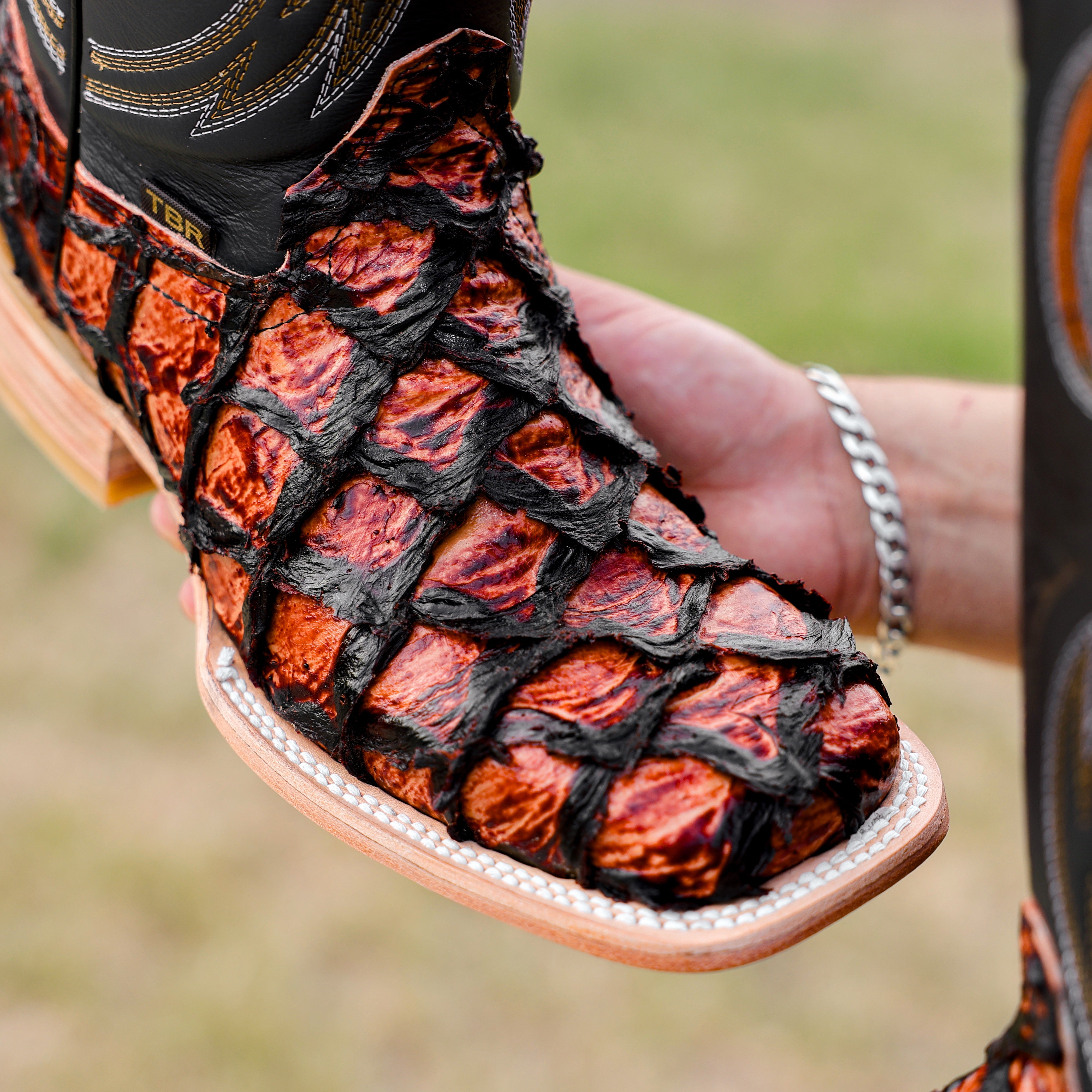 Cognac Jumbo Pirarucu Leather Boots - Square Toe