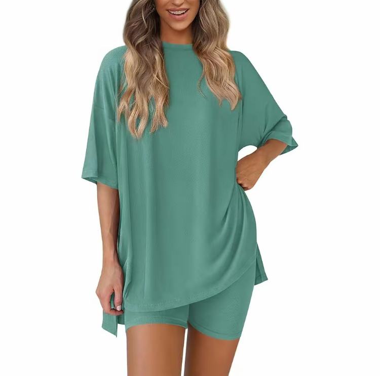 Women's Printed Casual Sporty Round Neck Drawstring Short Sleeve and Long Pants Two-Piece Set