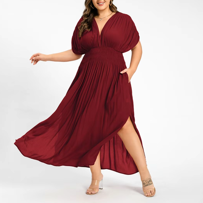Plus Size Summer V-Neck Batwing Sleeve Maxi Dress with Ruched Waist
