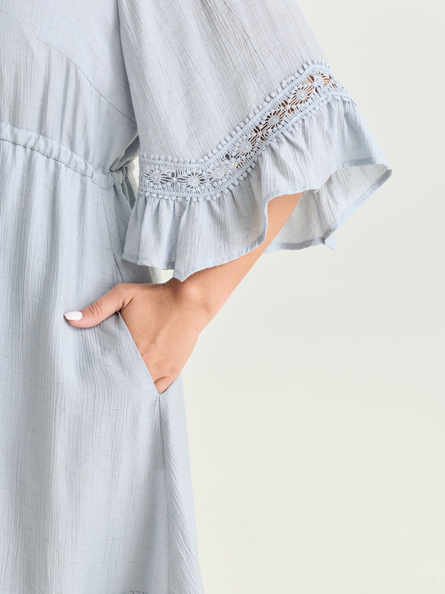 Lace Trim Adjustable Drawstring Waist Mini Dress