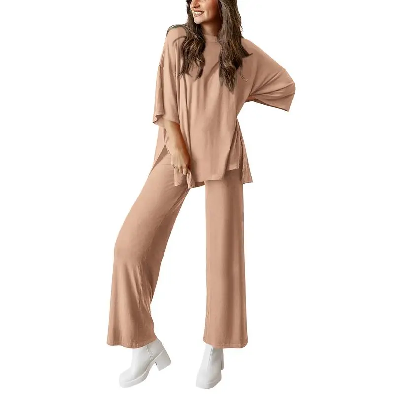 Women's 2-Piece Outfits Short Sleeve Pullover Tops Split Hem Wide Leg Pants Lounge Sets