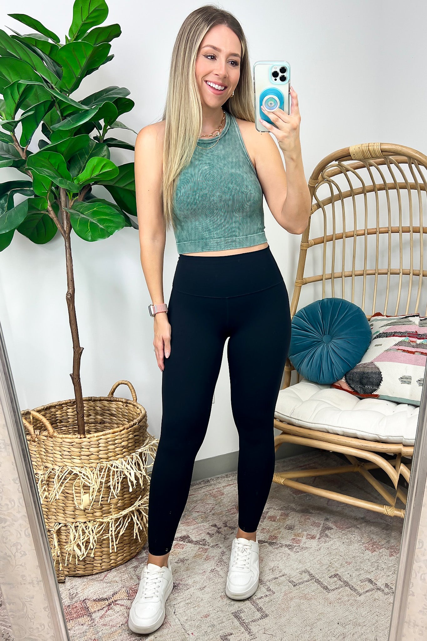 Washed Ribbed High Neck Cropped Tank Top