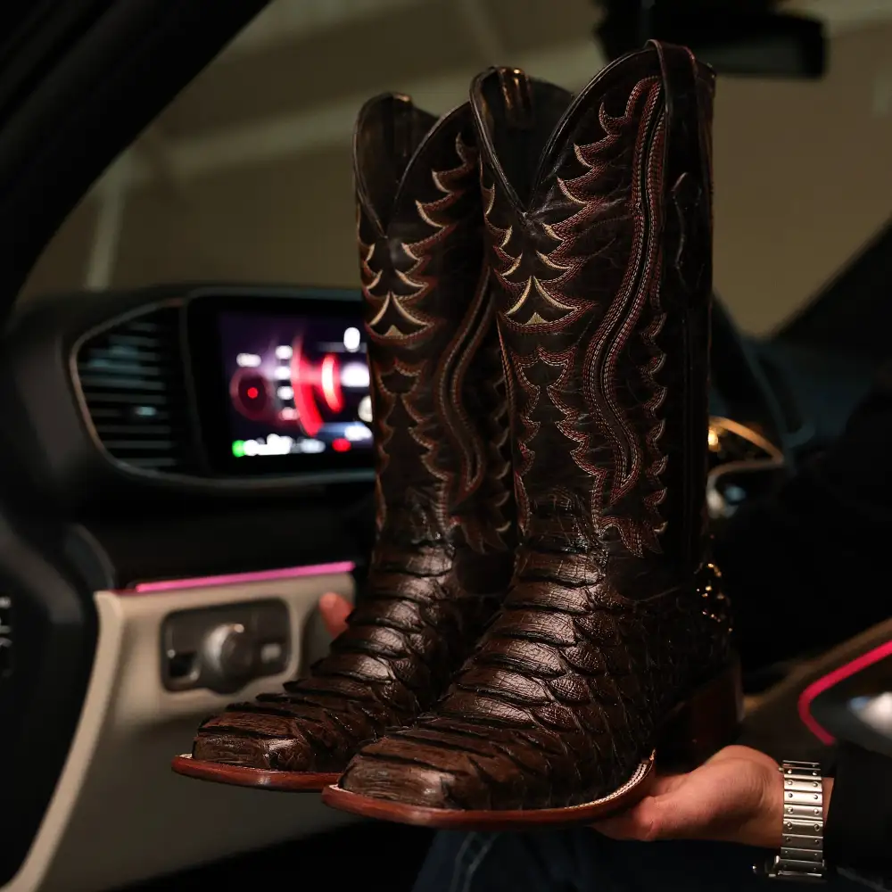 Chocolate Brown Python Leather Boots - Square Toe