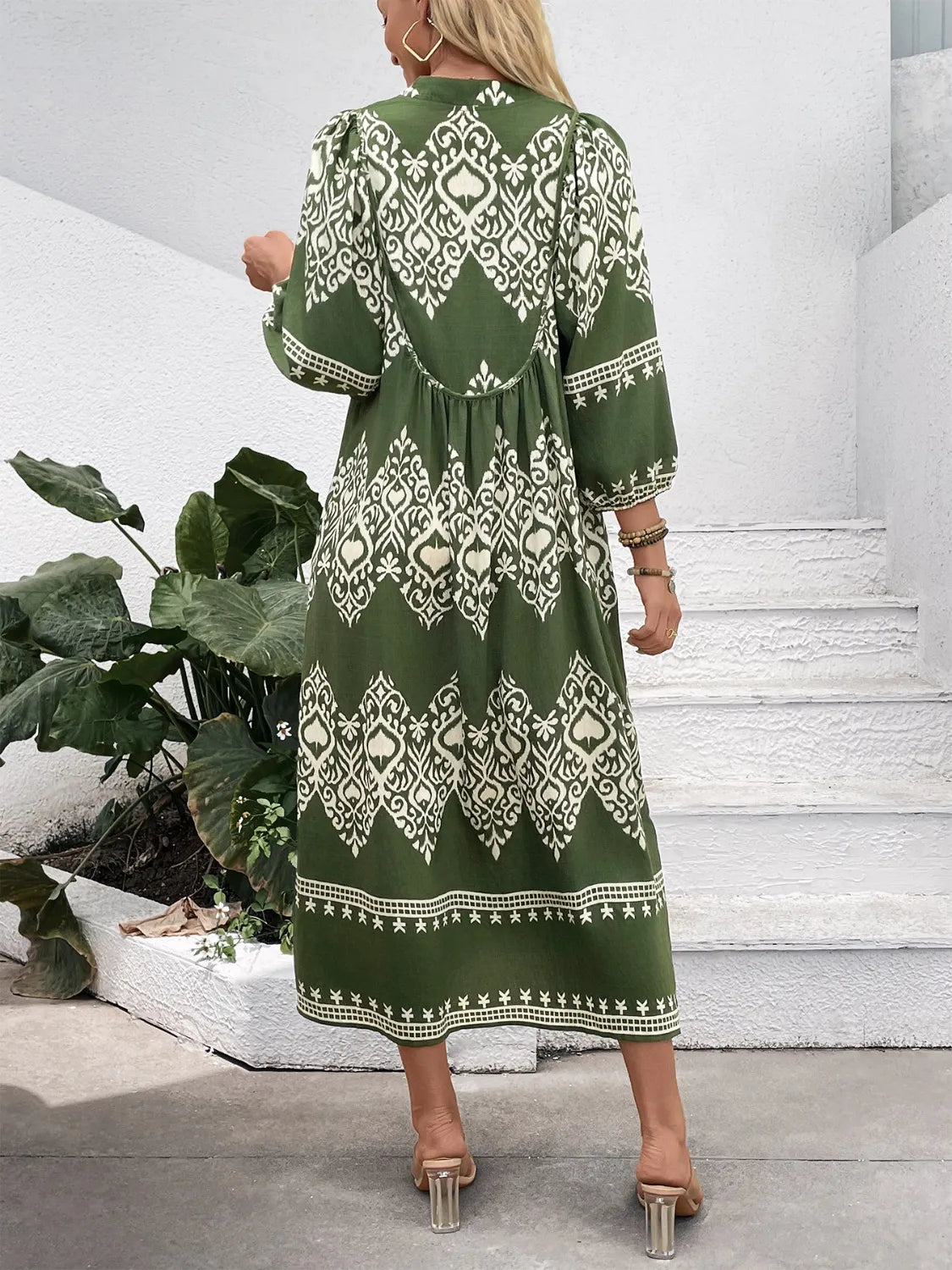 Printed Notched Midi Dress with Pockets