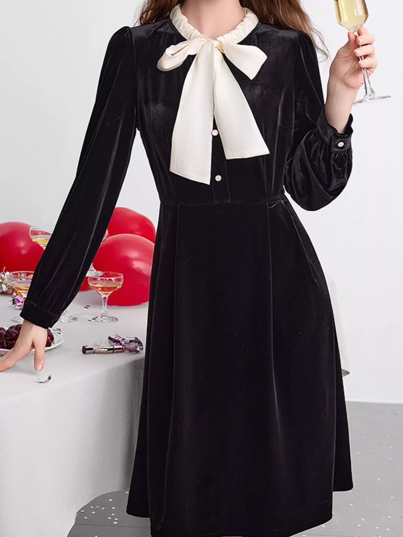 Velvet Bowknot Long Sleeve A-Line Dress