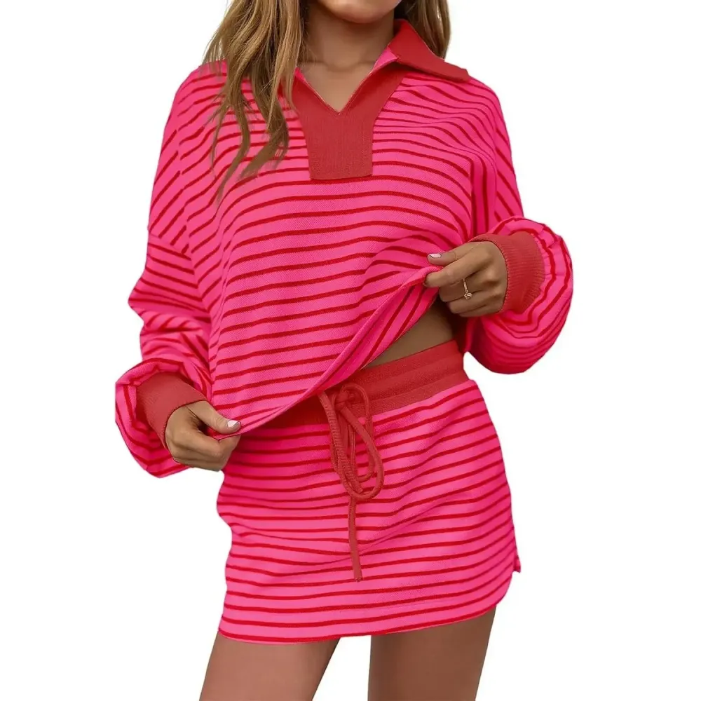 Striped 2 Piece Outfits Casual Sweatshirt Skirt Set Long Sleeve Skort Workout Set
