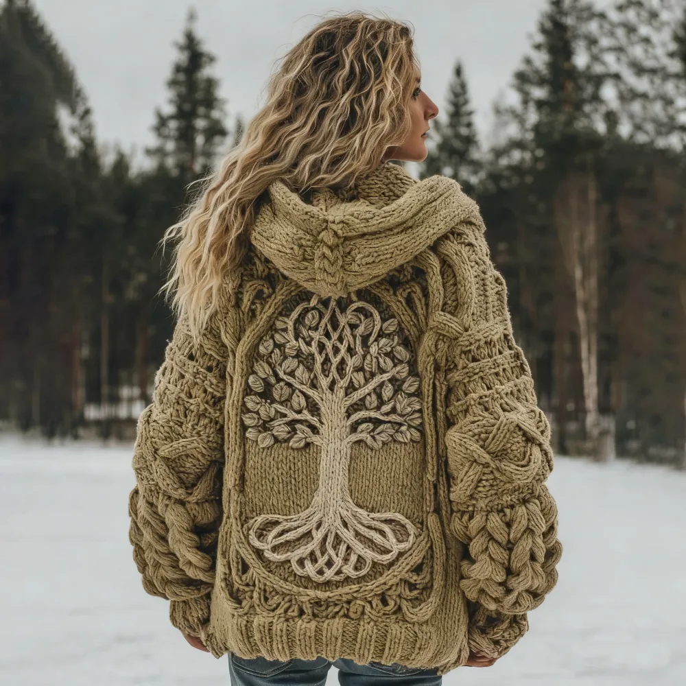 Women's Vintage Viking Tree Of Life Cozy Knit Hooded Sweater