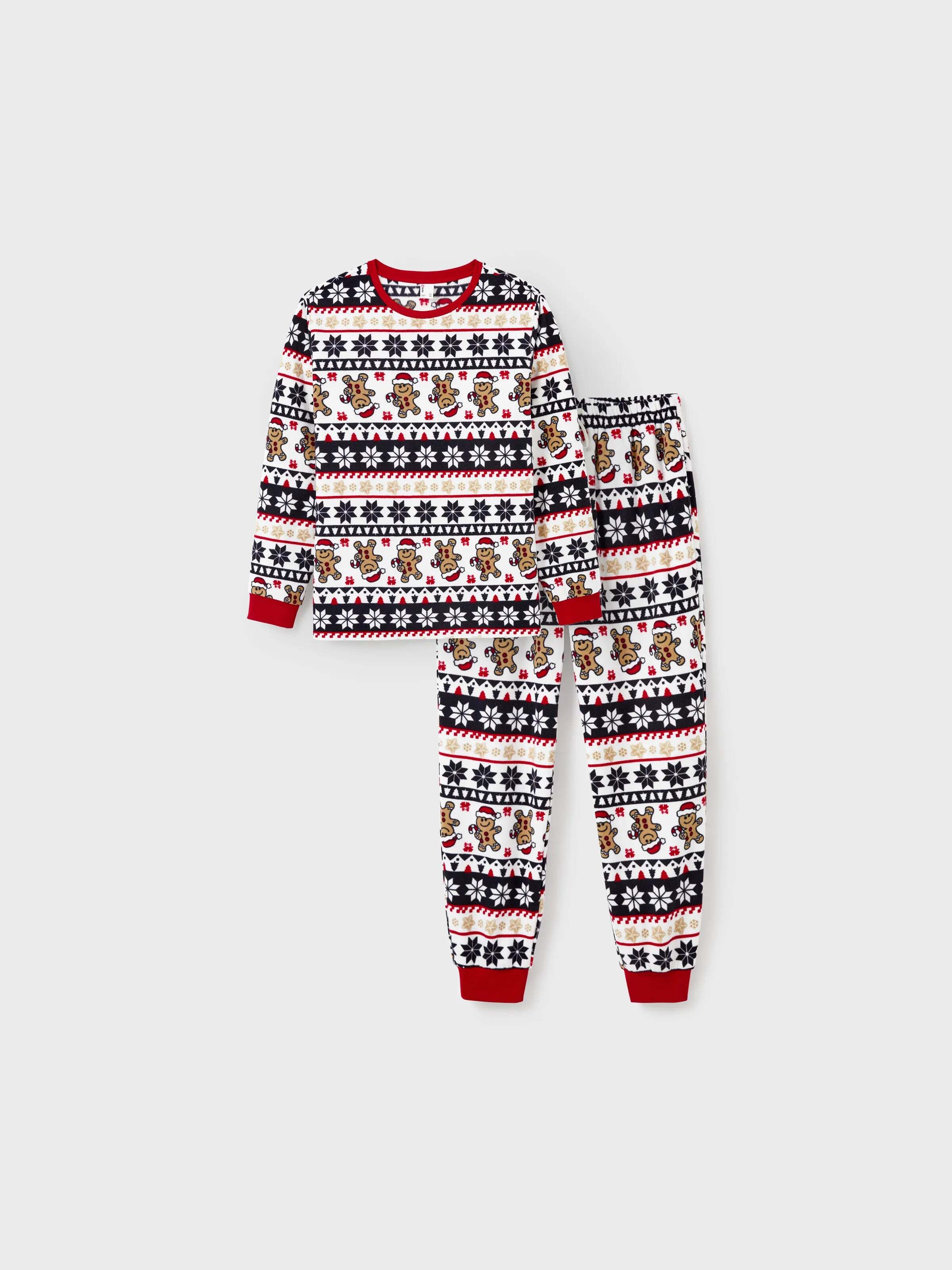 Christmas Matching Family Fleece Pajamas Set Gingerbread and Snowflake Print PJS with Christmas Socks Red