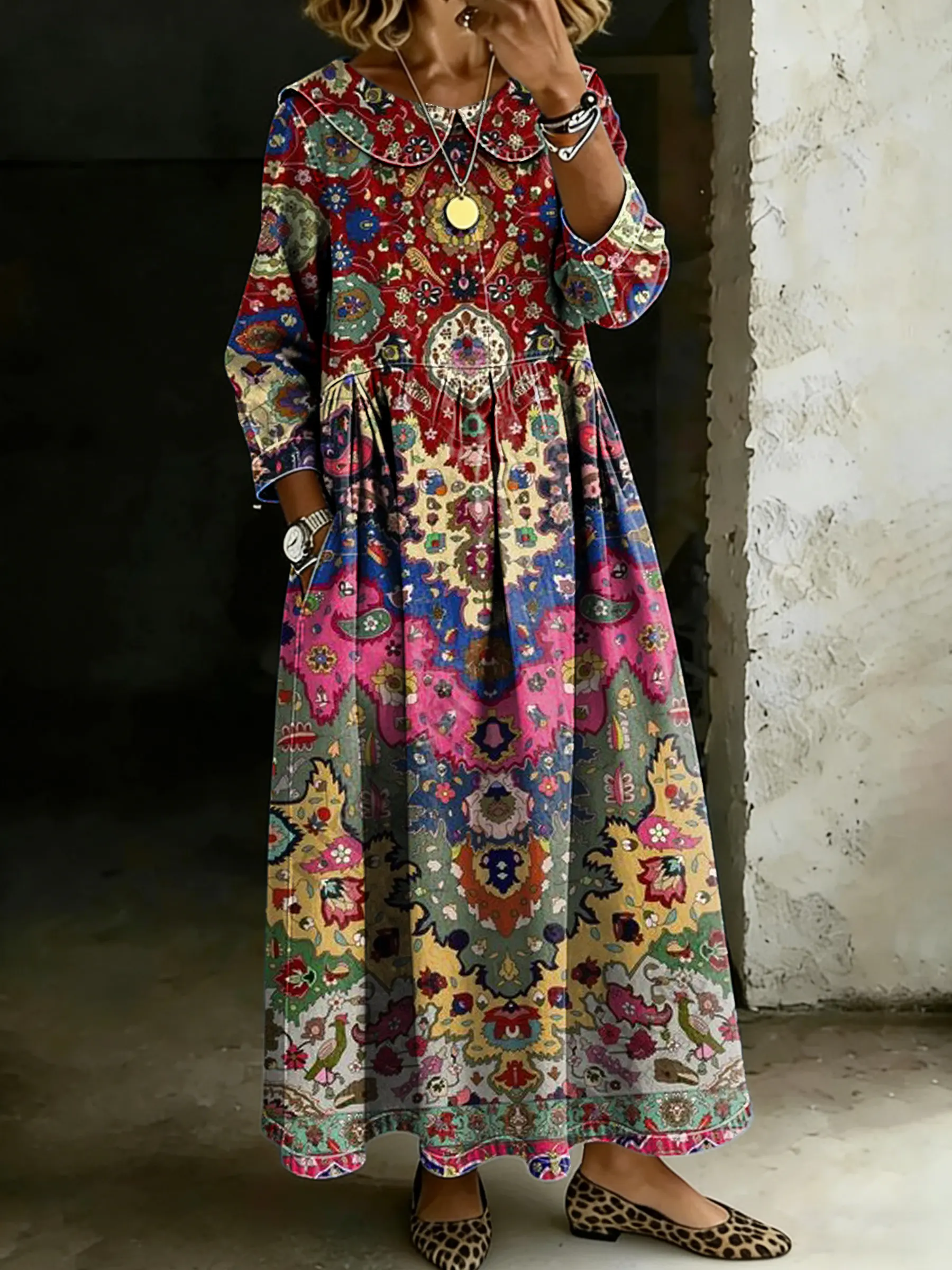 Women's Retro Multicolor Ethnic Floral Art Splicing Long-sleeved Loose-fitting Casual Denim Dress