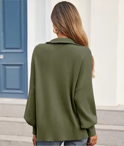 Women's Long Sleeve 14 Zip Oversized Ribbed Knit Tunic Sweater