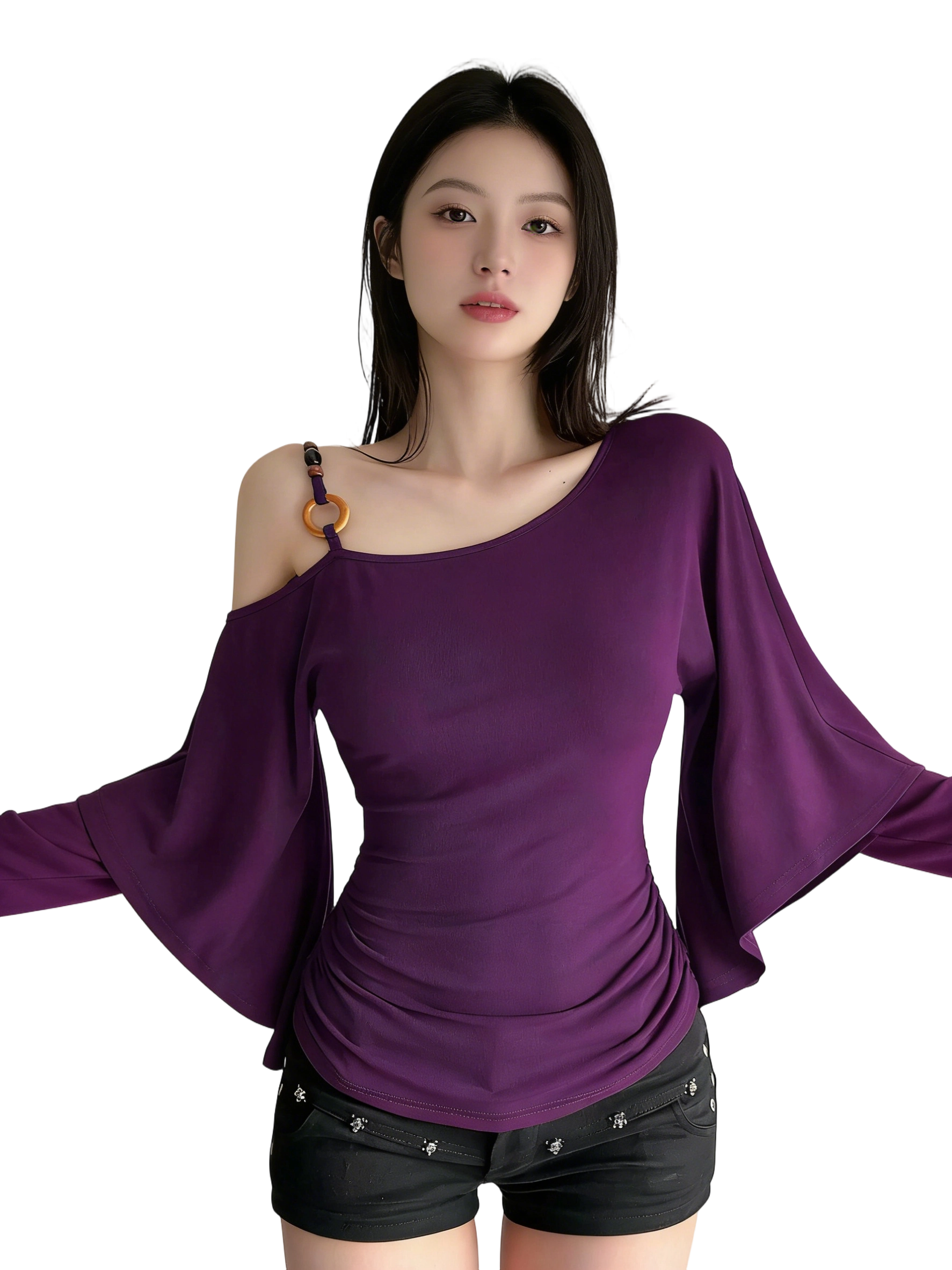 Women’s Retro Ethnic Beaded Asymmetrical Shoulder Flounce Sleeve Flared Top