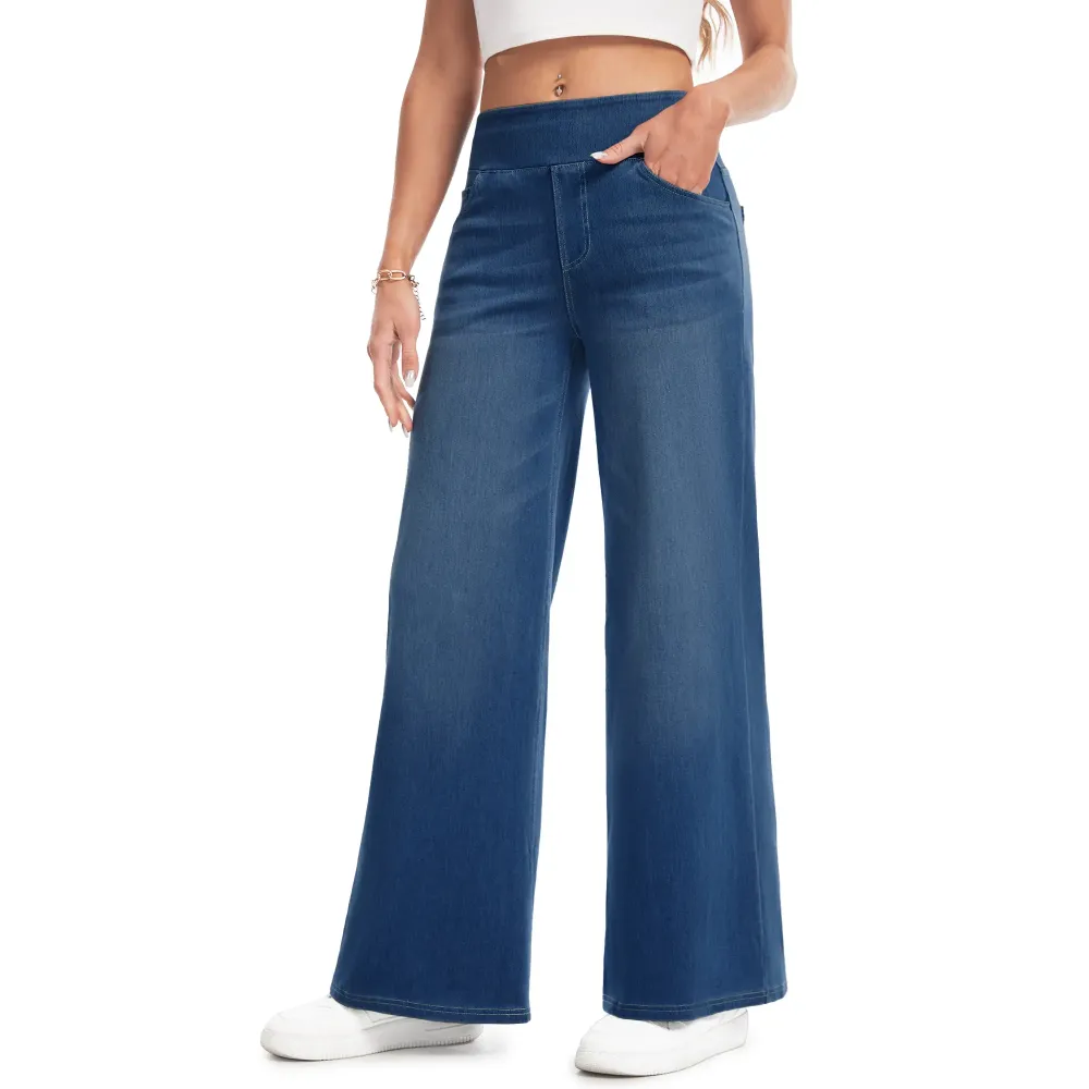 Women’s High Waisted Stretch Wide Leg Jeans – Pull On Tummy Control Elastic Waist Denim Pants with Pockets