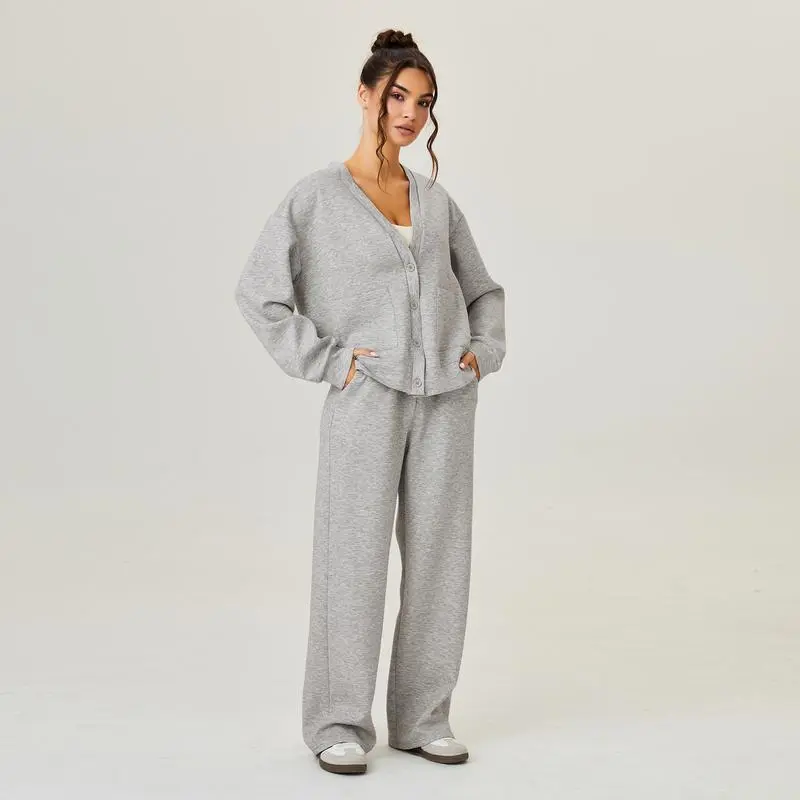 Women's Slouchy Solid Color V Neck Long Sleeve  & Drawstring Waist Trousers Co-ord