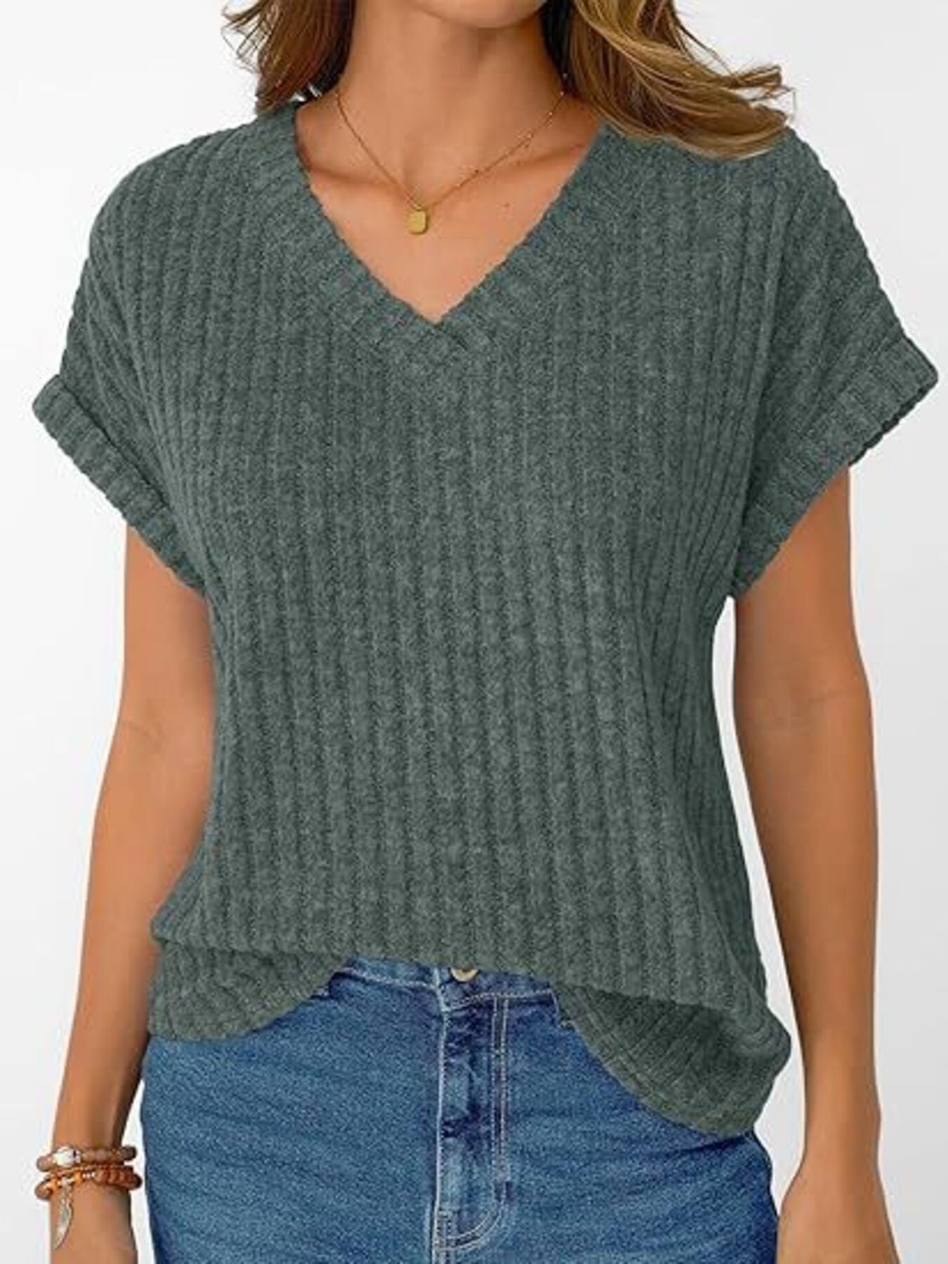 Ribbed Knit V-Neck Relaxed Fit T-Shirt