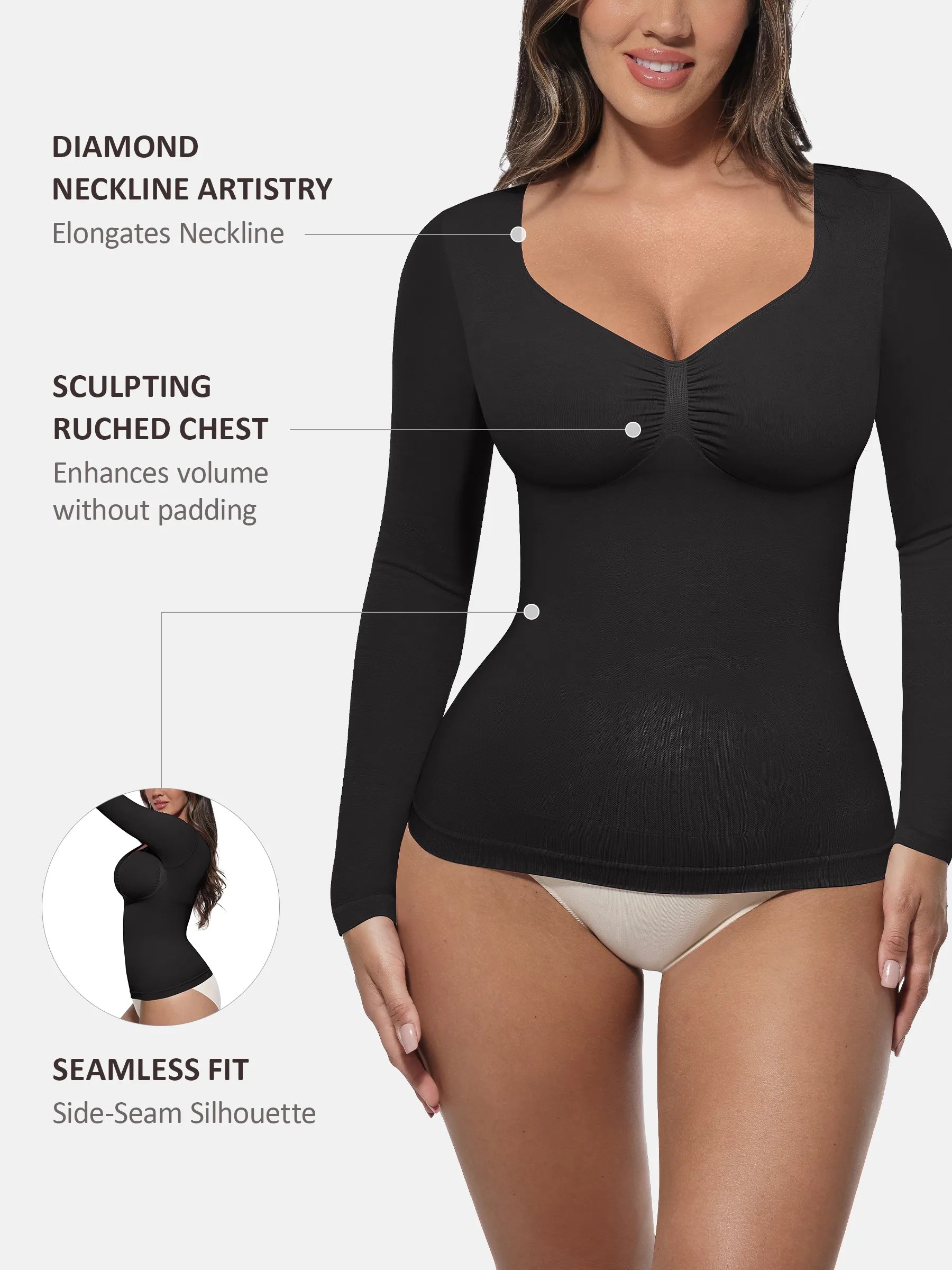 Feelingirl Seamless Long Sleeve Tummy Control Thong Bodysuit