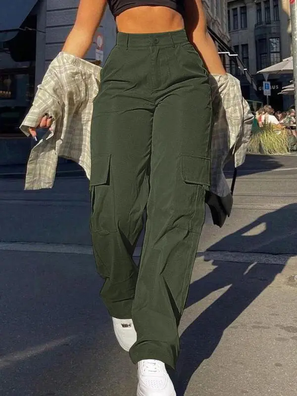 Women's Plain Flap Pocket Button High Waist Cargo Pants