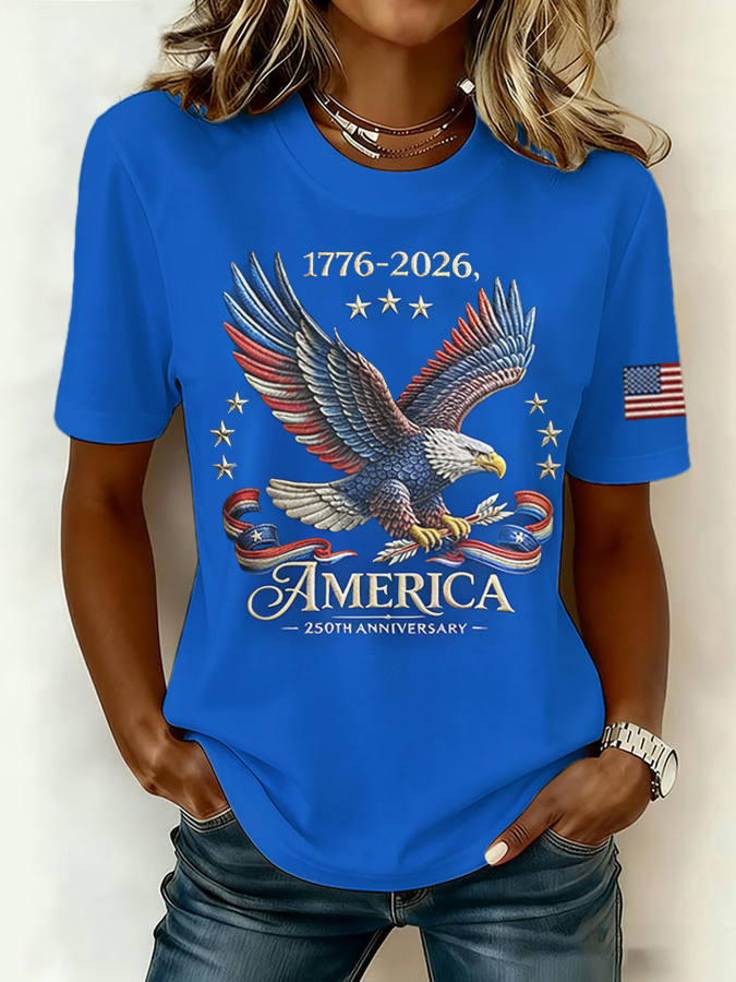 Women'S Retro American Independence Day Commemorative Printed Round Neck T-Shirt