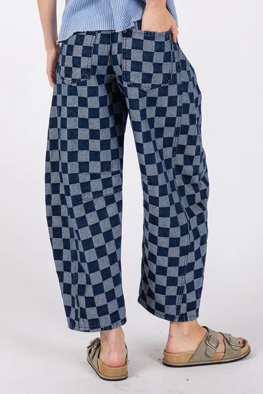 Barrel Style Leg Checkered Print Jeans