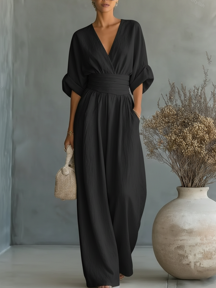 Elegant V-neck High-waisted Loose Jumpsuit