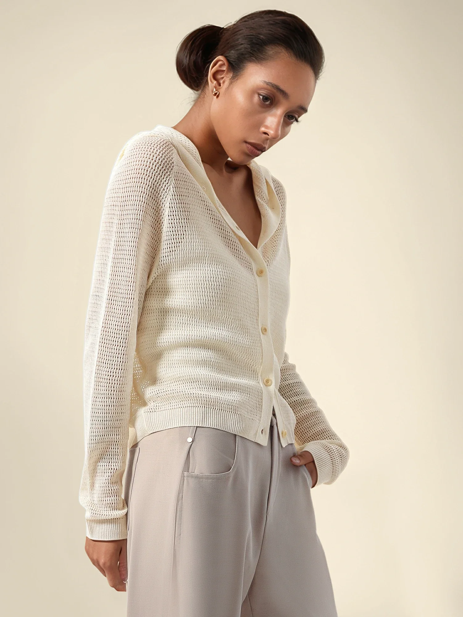 Linen & Lyocell Hooded Long Sleeve Hollow Cardigan