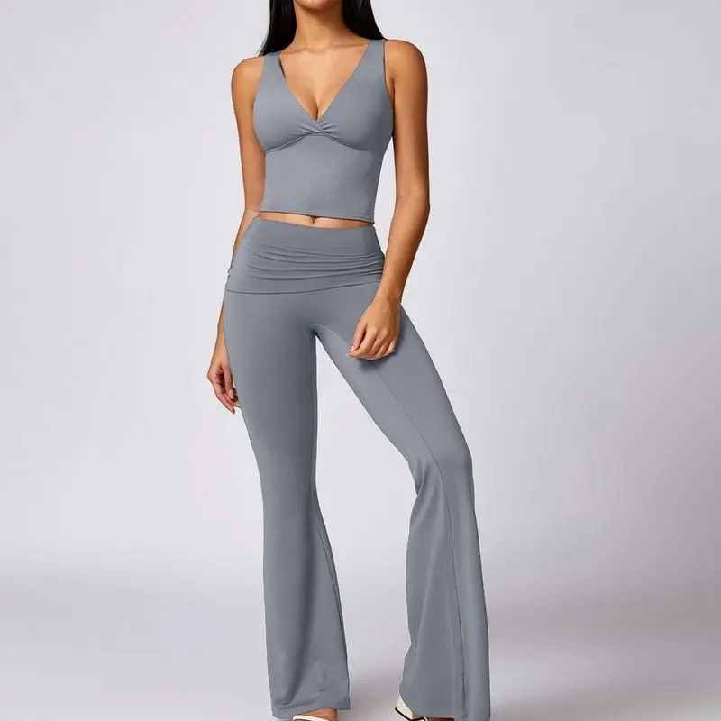 Women's 2-Piece Deep V Neck U-Back Tank & High-Waist Flared Leggings Set