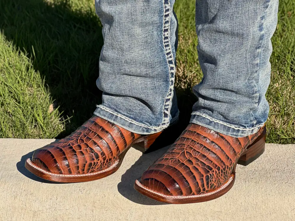 Men’s Cognac Caiman Belly Leather Boots With Brown Shaft