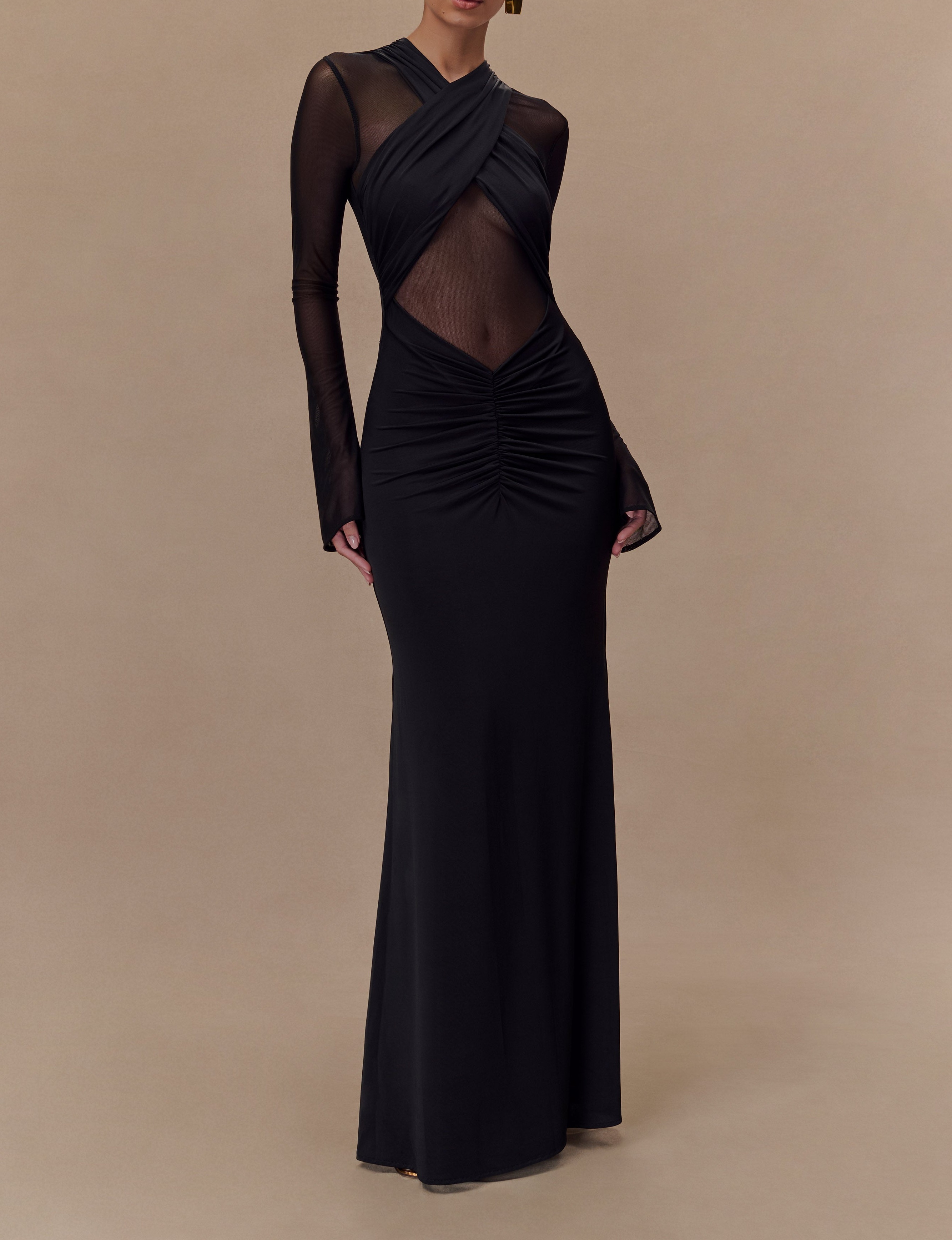 Black Slinky And Mesh Long Sleeve Maxi Dress