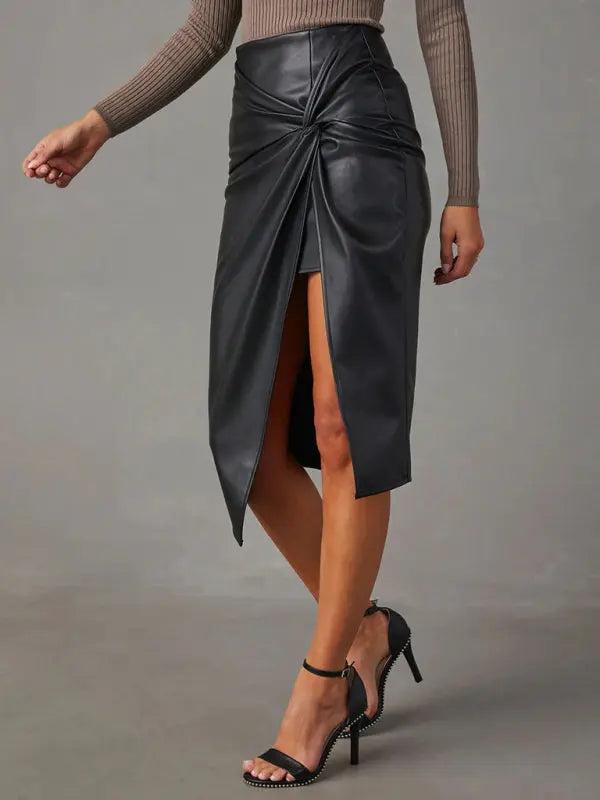 Solid Color Slit Mid-Length Butt-Covering Leather Skirt