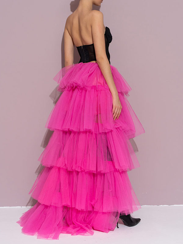 Solid Color Ruffled Pleated A-Line Asymmetric Skirt Bottoms