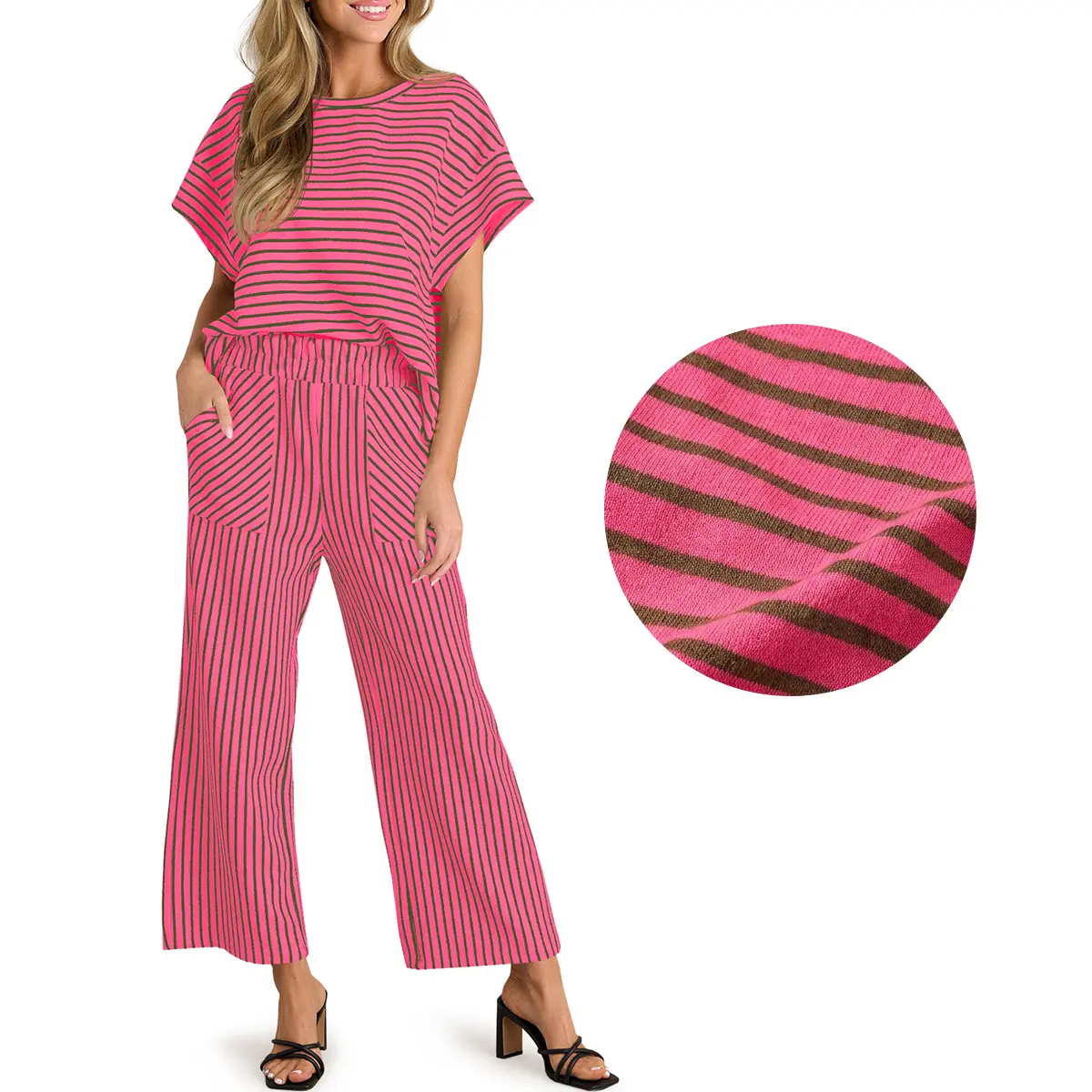 Womens Striped 2 Piece Sets Short Sleeve T Shirts Wide Leg Pants Matching Lounge Set with Pockets