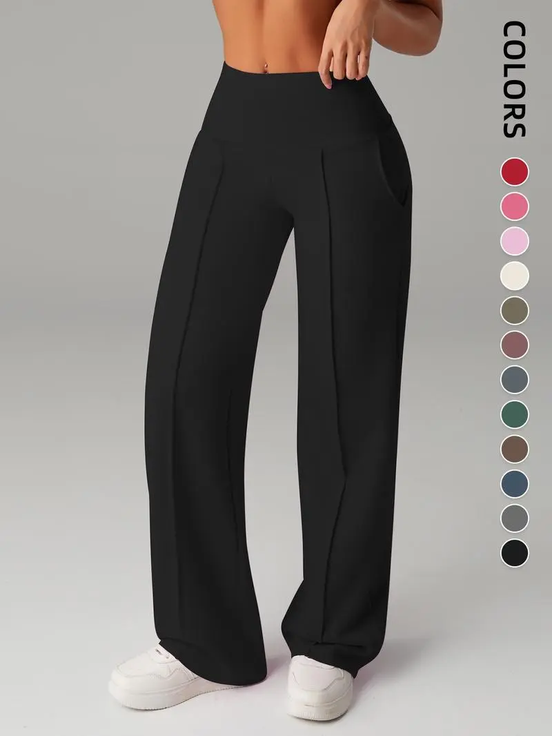 Women's Plain Loose Straight Leg Pants, Wide Leg High Waist Sporty Casual Sweatpants with Pockets