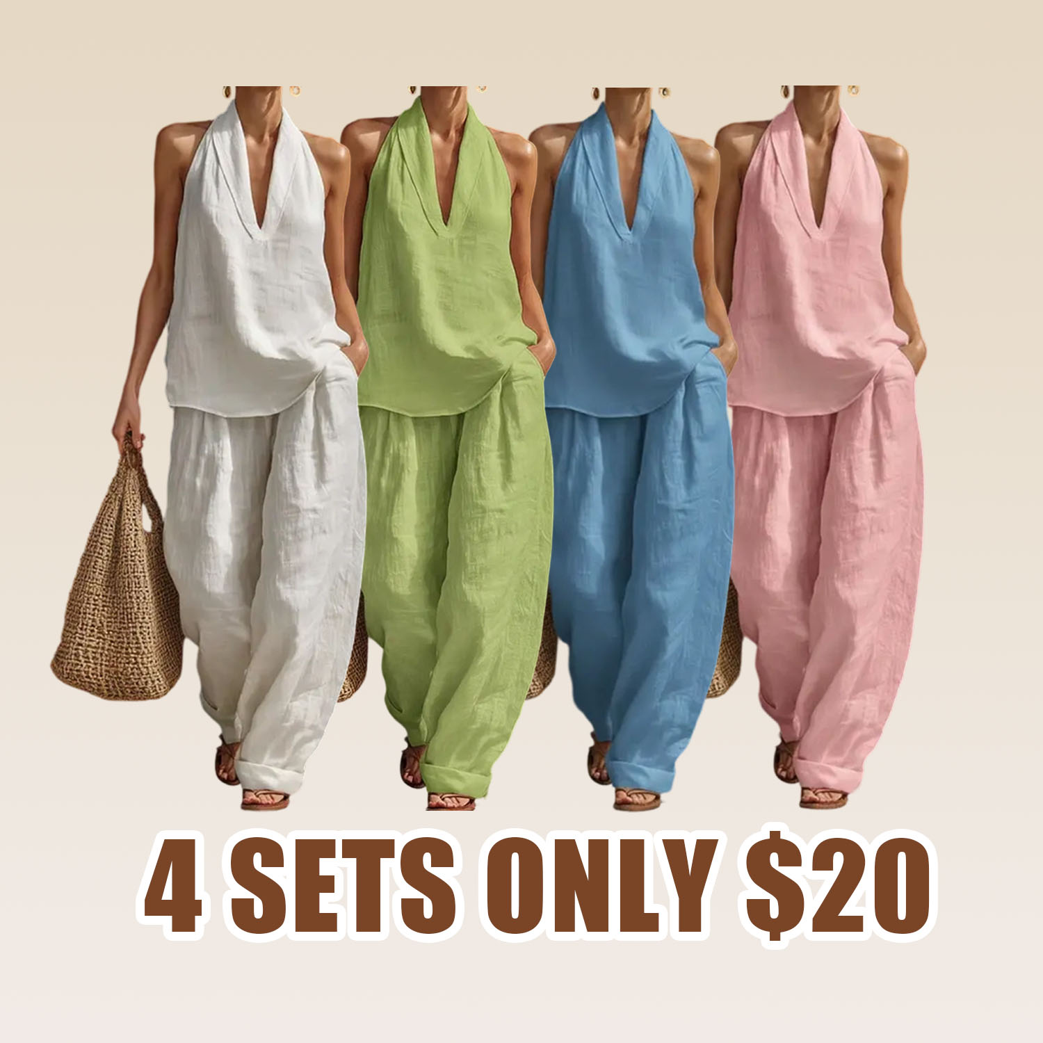 Boho Linen Two Piece Set - Perfect for Beach, Vacation & Brunch! Halter Neck Sleeveless Top Wide Leg Pants Set